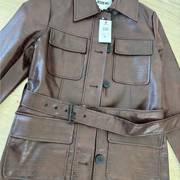 NWT Jason Wu Dark Brown Faux Leather Croc Trench Coat w belt and dagger collar - Picture 2 of 4
